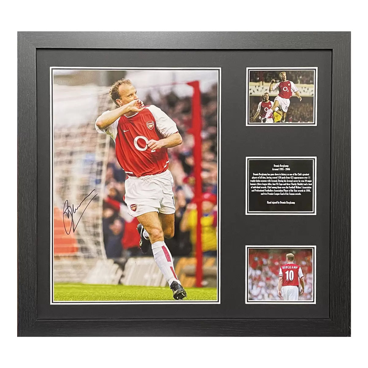 A professionally framed, high-contrast action photograph of Dennis Bergkamp playing for Arsenal, featuring a clean signature and official authentication seal.