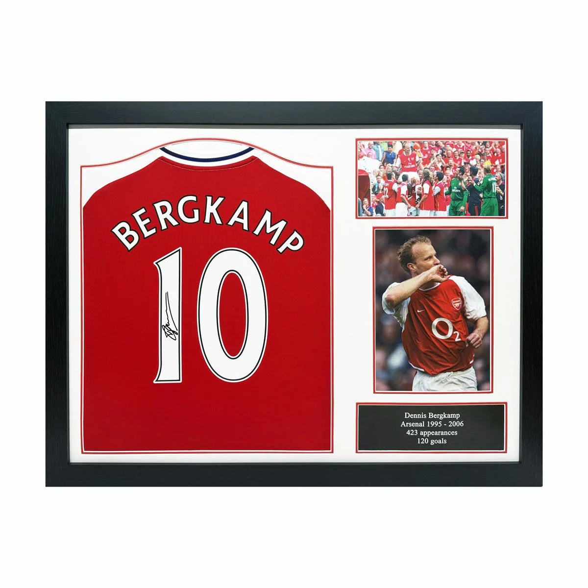 A professionally framed Arsenal retro football shirt autographed by Dennis Bergkamp, presented in a high-clarity exhibition display case.