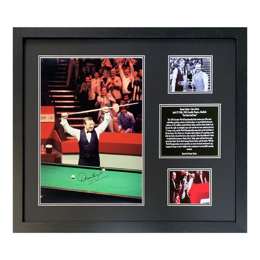 Authentic Dennis Taylor signed framed 16x12 snooker photograph with official Allstarsignings photo COA.