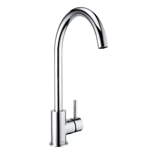 Front angle view of the chrome Deva Insignia Mono Kitchen Sink Mixer Tap installed on a modern quartz countertop next to a stainless steel undermount sink.