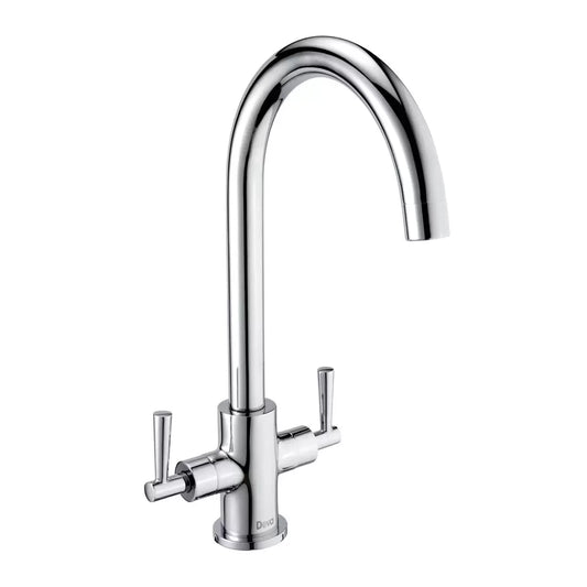 Front view of the chrome Deva Nelson NTN104 mono kitchen mixer tap showcasing its curved swivel neck and dual side levers over a clean white surface.