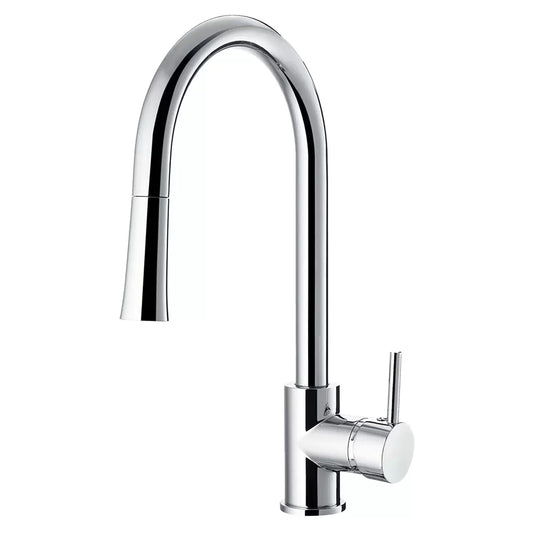 A close-up shot of the chrome Deva Pendle pull-out kitchen mixer tap mounted on a dark granite countertop, with the single-lever handle tilted forward and the glossy metallic spout reflecting soft kitchen lighting.