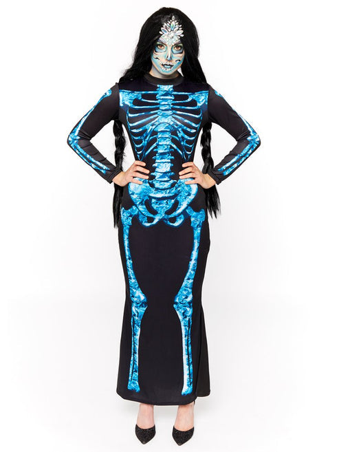 Front view of the black Diamond Skeleton Dress for adults showing geometric bone print graphics on a stretch fabric background.