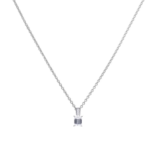 Front view of the Diamonfire emerald cut cubic zirconia pendant showcasing the 57-facet stone set in a triple-plated sterling silver claw setting against a minimalist white background.