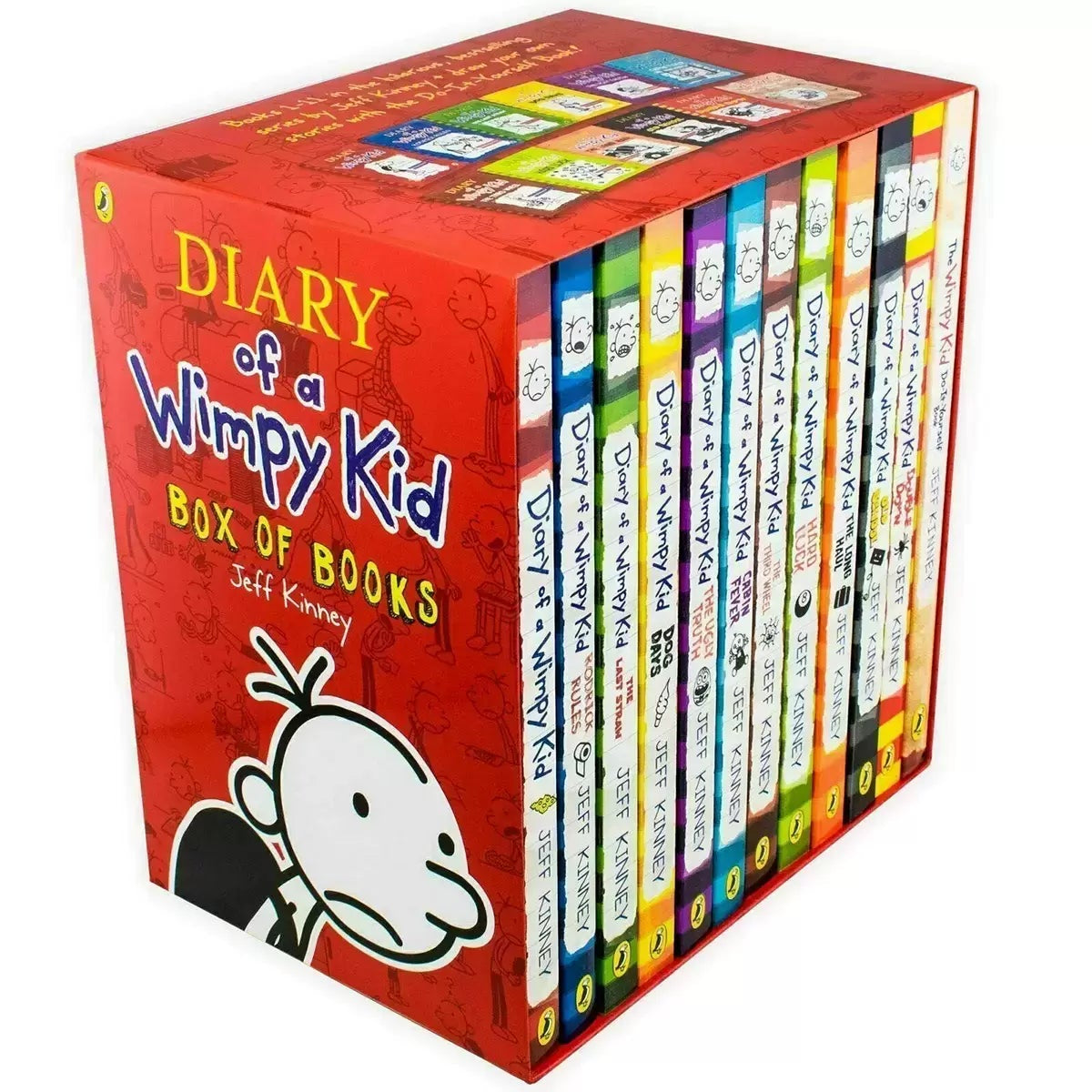 Twelve-book paperback collection of Diary of a Wimpy Kid by Jeff Kinney arranged neatly inside a bright orange protective storage box.