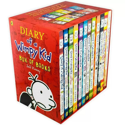 Twelve-book paperback collection of Diary of a Wimpy Kid by Jeff Kinney arranged neatly inside a bright orange protective storage box.