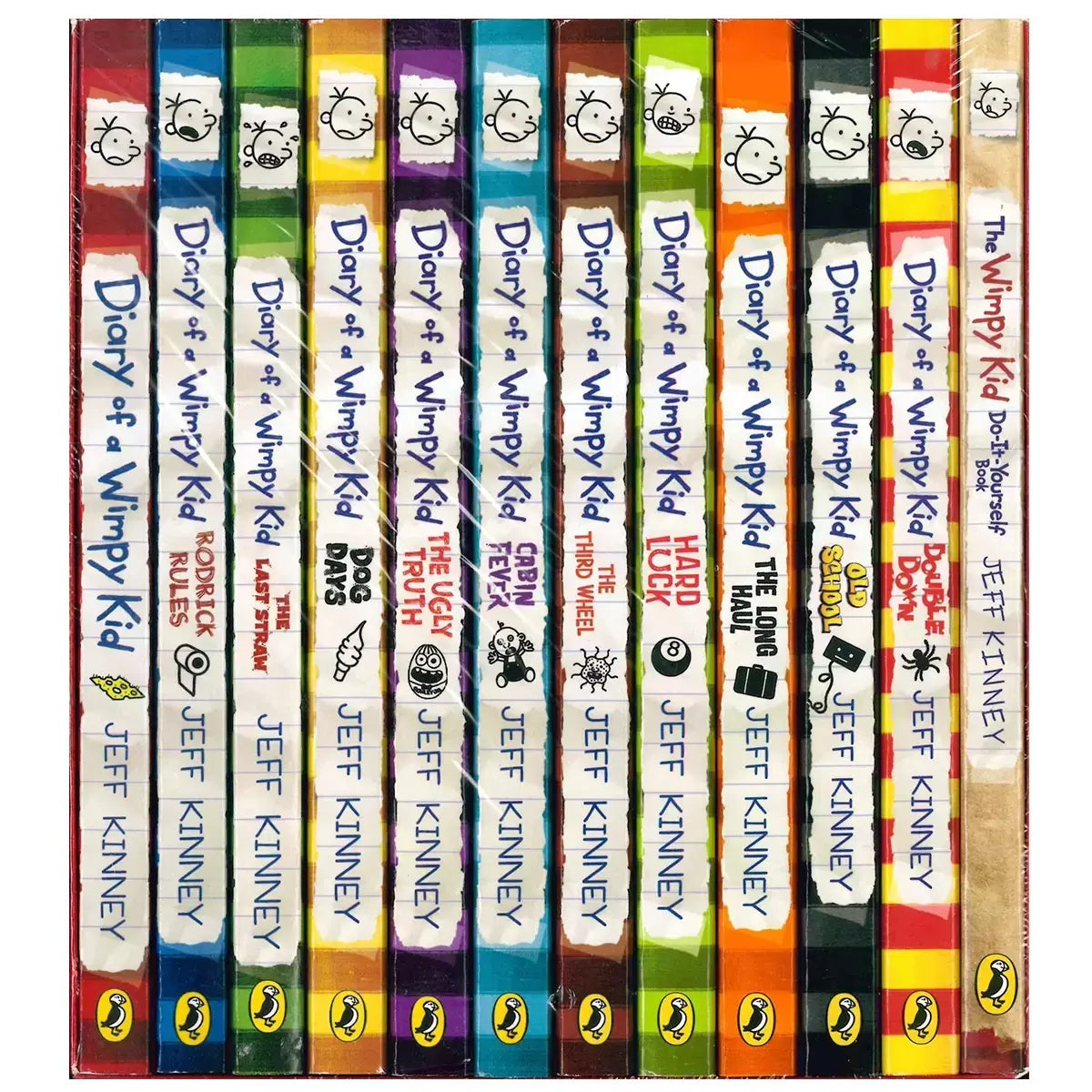 Twelve-book paperback collection of Diary of a Wimpy Kid by Jeff Kinney arranged neatly inside a bright orange protective storage box.