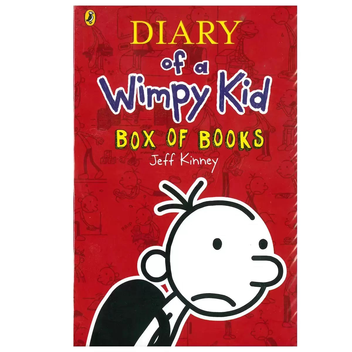 Twelve-book paperback collection of Diary of a Wimpy Kid by Jeff Kinney arranged neatly inside a bright orange protective storage box.