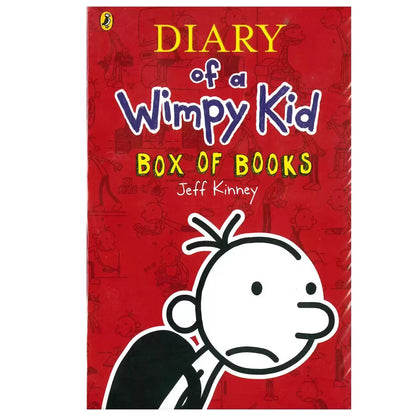 Twelve-book paperback collection of Diary of a Wimpy Kid by Jeff Kinney arranged neatly inside a bright orange protective storage box.