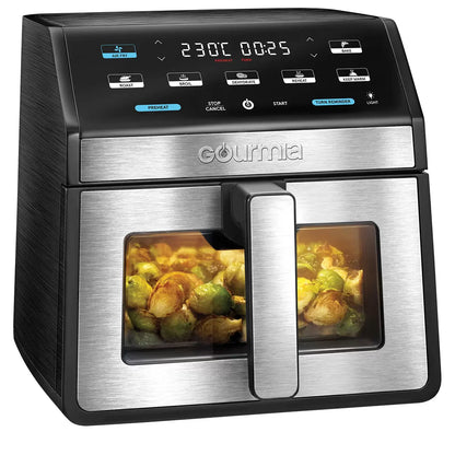 Gourmia 7.6L Digital Air Fryer with digital touchscreen, viewing window, interior light, and large cooking basket for healthy oil-free meals.
