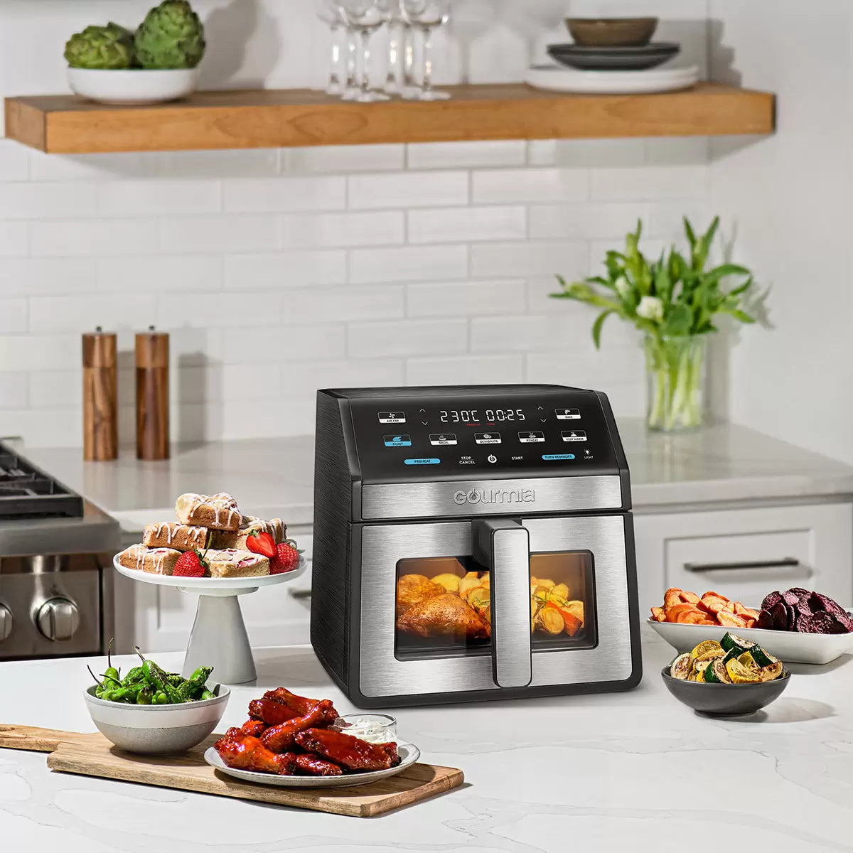 Gourmia 7.6L Digital Air Fryer with digital touchscreen, viewing window, interior light, and large cooking basket for healthy oil-free meals.