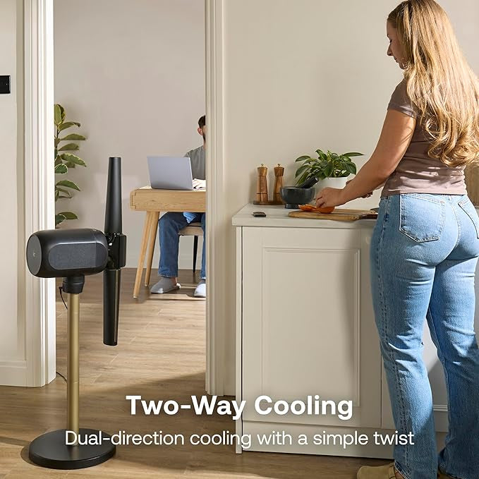 Dimplex FlexBlade Bladeless Tower Fan in sleek black showing the 180 degree twistable dual airflow design in a modern living room.