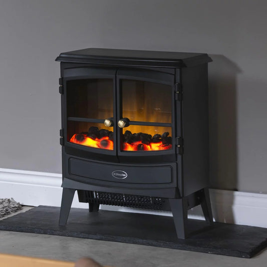 Create a warm atmosphere with realistic Optiflame effects and 2kW heating. Freestanding electric stove with stylish traditional-inspired design.