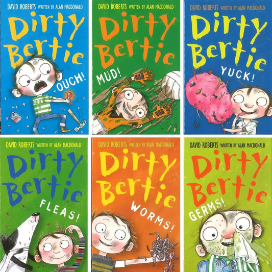 Stack of six colourful Dirty Bertie paperback books by Alan MacDonald neatly arranged on a clean wooden table.