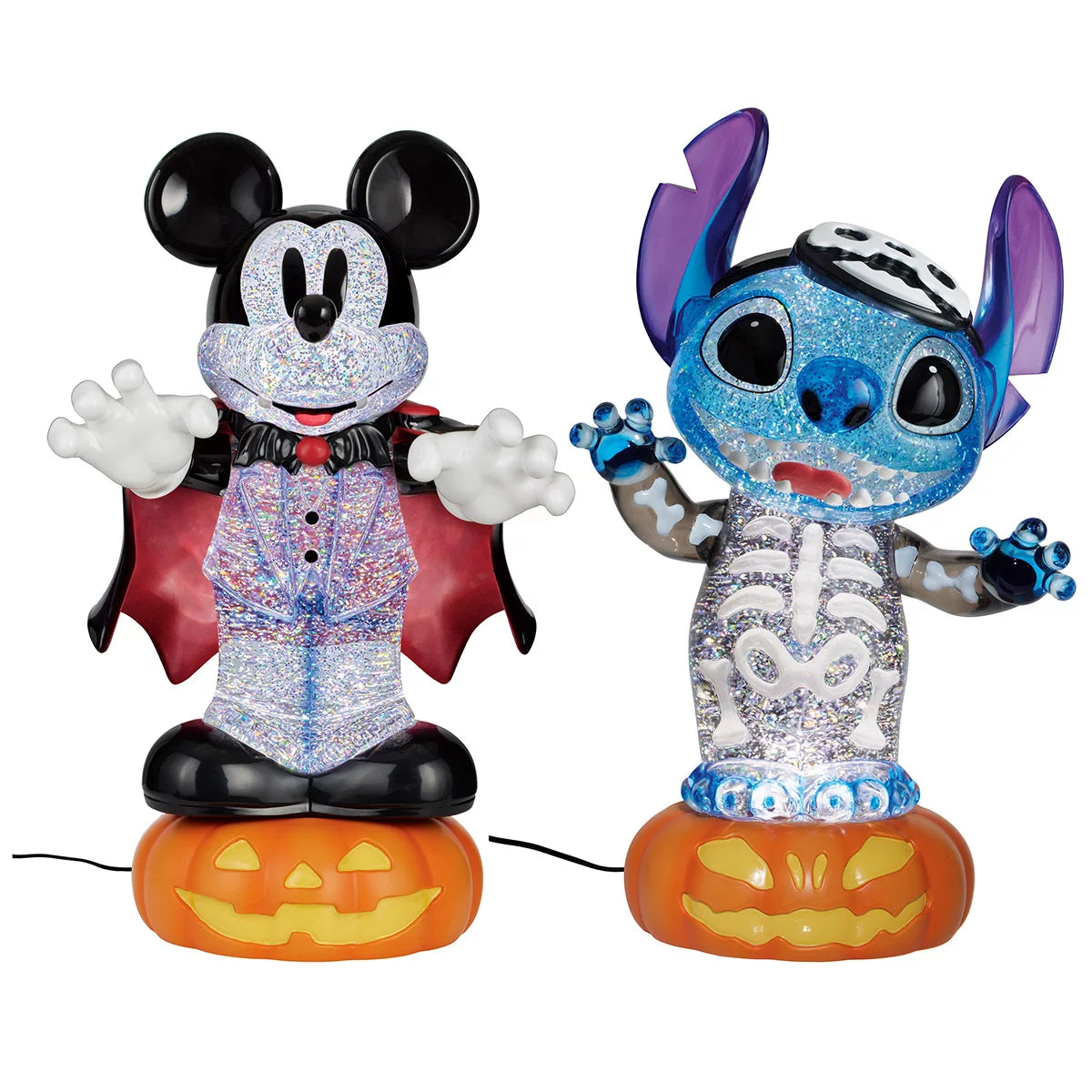 A 16-inch black Disney Halloween lantern displaying intricate character sculptures inside a liquid-filled chamber with glowing orange LED lights and swirling gold glitter sparkles, captured from a front eye-level perspective.