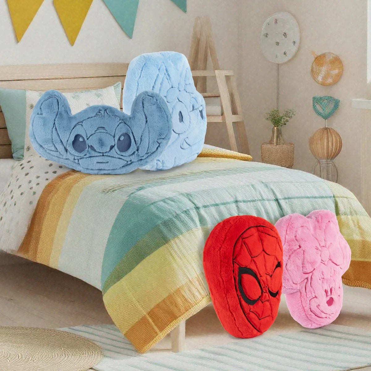 Soft Stitch character shaped oversized cushion crafted from plush faux rabbit fur resting on a cozy child's bed.