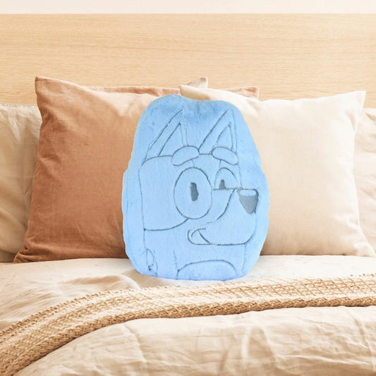 Soft Stitch character shaped oversized cushion crafted from plush faux rabbit fur resting on a cozy child's bed.