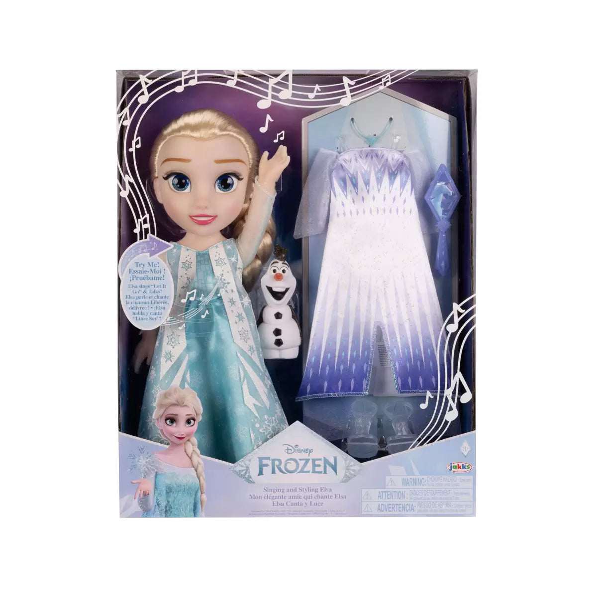 Front view of a Disney My Singing and Styling doll wearing a detailed princess gown with an extra outfit, tiara, and hairbrush laid out on a clean backdrop.