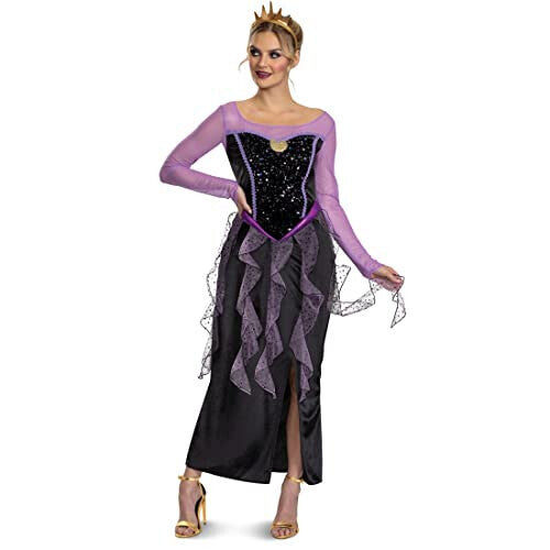 Front view of the adult size large official Disney Ursula costume showing the purple mesh top, detailed black and violet tentacle skirt, and matching seashell headband on a white background.
