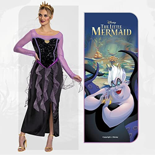 Front view of the adult size large official Disney Ursula costume showing the purple mesh top, detailed black and violet tentacle skirt, and matching seashell headband on a white background.