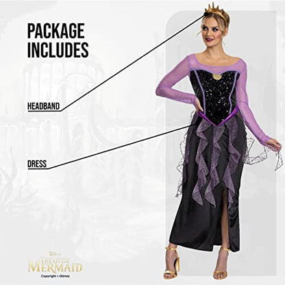 Front view of the adult size large official Disney Ursula costume showing the purple mesh top, detailed black and violet tentacle skirt, and matching seashell headband on a white background.
