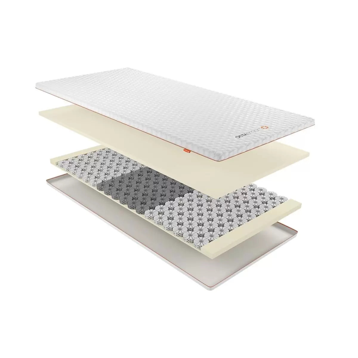 Top angle of open-cell Dormeo Octasmart Plus Mattress Topper showing breathable white cover fabric and inner honeycombed spring structure on a modern bed setup.