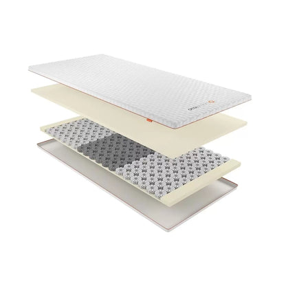 Top angle of open-cell Dormeo Octasmart Plus Mattress Topper showing breathable white cover fabric and inner honeycombed spring structure on a modern bed setup.