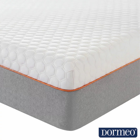 Dormeo Octasmart Rolled Hybrid Mattress showing white textured mesh cover and internal blue foam Octasprings on a minimalist wooden bed frame.