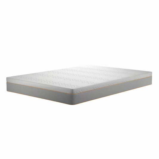 Side angle view of the white Dormeo Options Hybrid Mattress showing the quilted top cover and dark grey breathable mesh side border on a wooden bed frame.