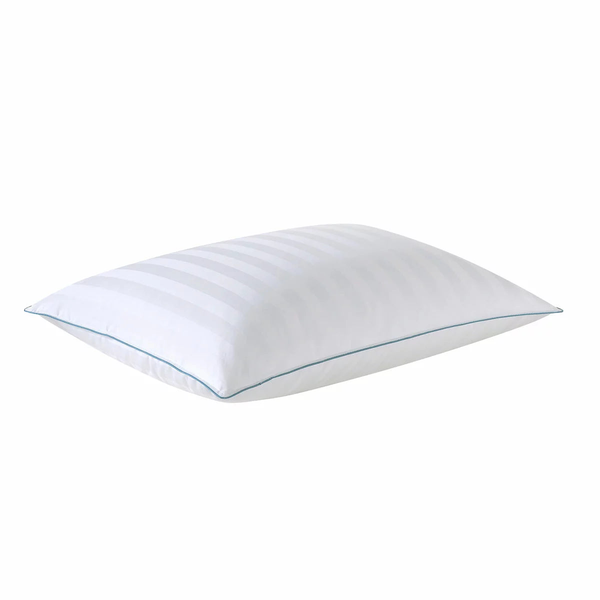 Crisp white Down Haven king size duck down pillow featuring a subtle striped 500 thread count cotton cover resting on a neatly dressed king bed.