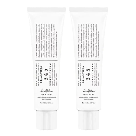 Dr Althea 345 Relief Cream jars, highlighting the clean, medical-grade packaging and the lightweight gel-cream texture.
