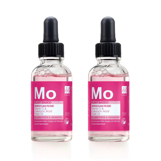 The Dr Botanicals Moroccan Rose Superfood Facial Oil bottles, presented in a clean, minimalist aesthetic highlighting the botanical and vitamin-rich ingredients.