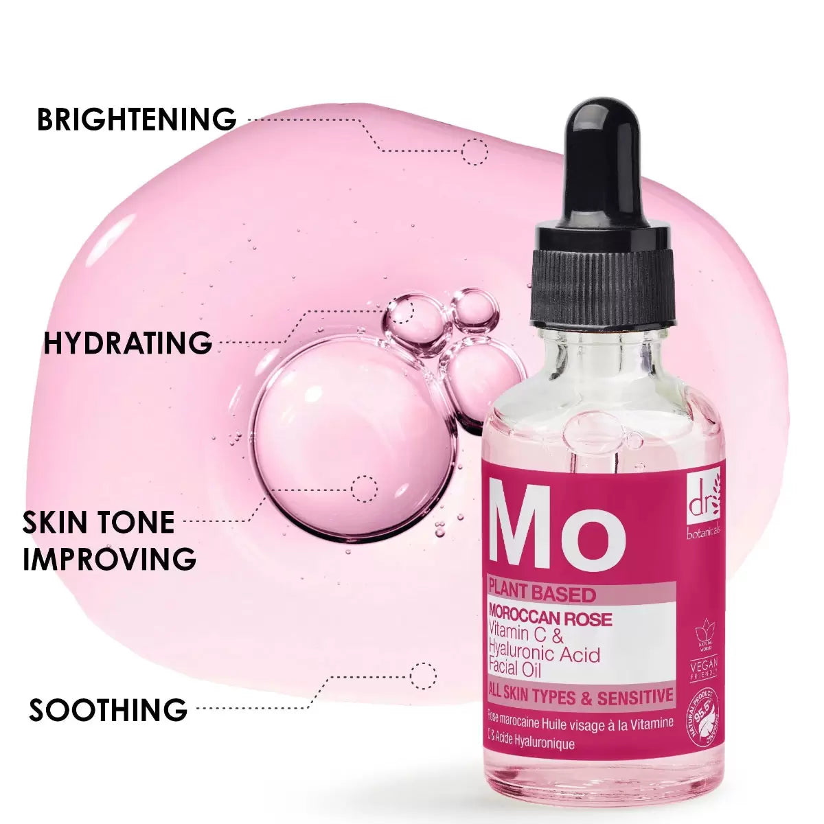 The Dr Botanicals Moroccan Rose Superfood Facial Oil bottles, presented in a clean, minimalist aesthetic highlighting the botanical and vitamin-rich ingredients.