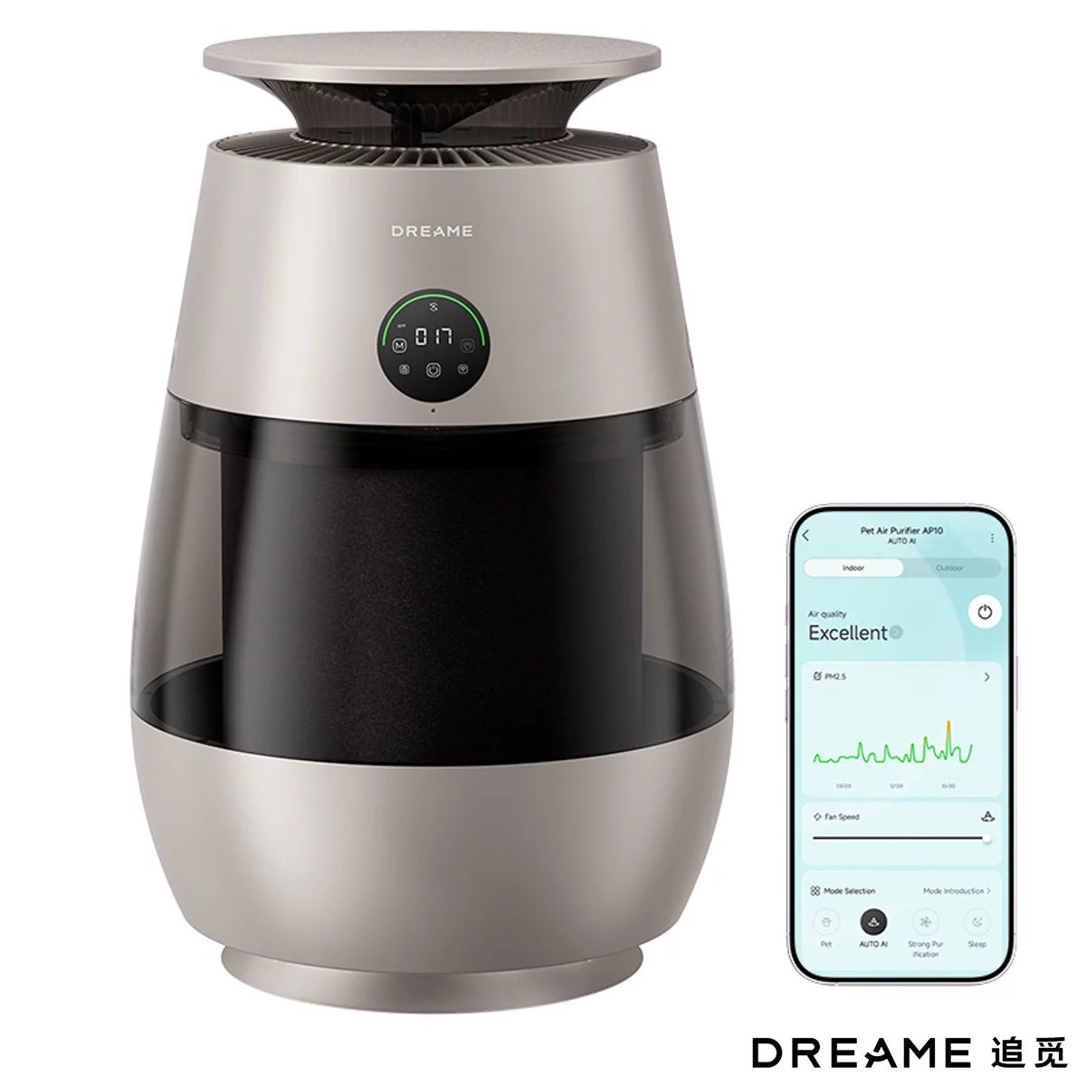 White cylindrical Dreame AP10 Pet Air Purifier featuring a curved top bed resting space on a wooden floor inside a contemporary living room.
