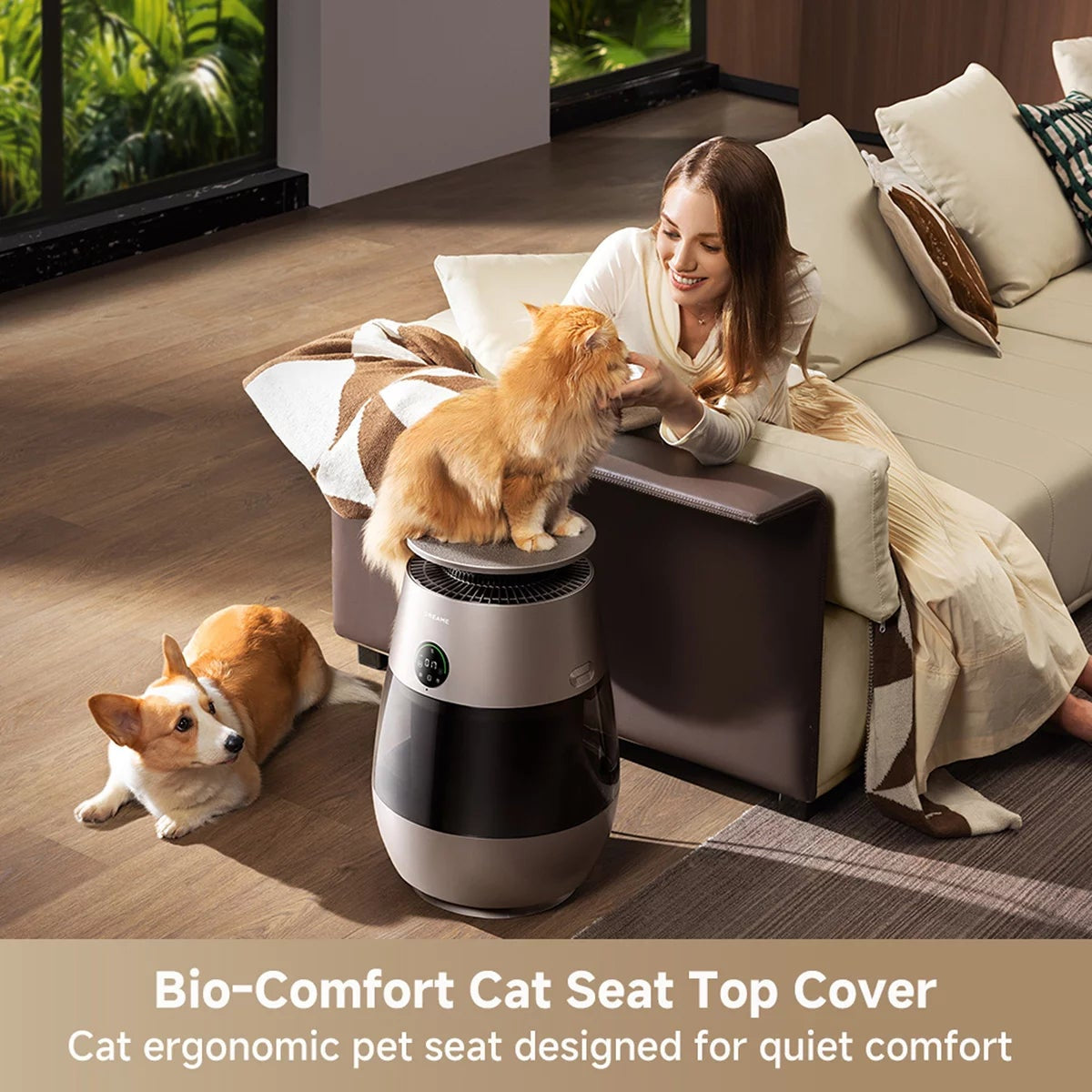 White cylindrical Dreame AP10 Pet Air Purifier featuring a curved top bed resting space on a wooden floor inside a contemporary living room.