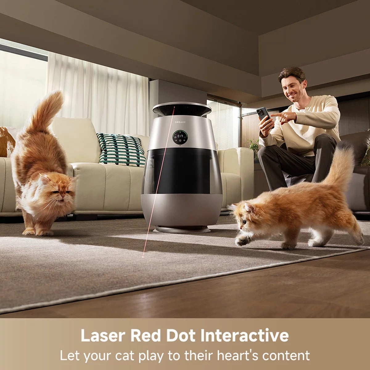 White cylindrical Dreame AP10 Pet Air Purifier featuring a curved top bed resting space on a wooden floor inside a contemporary living room.