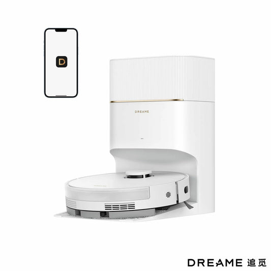 Top-down view of the black Dreame D20 Pro Plus Robot Vacuum cleaner docking into its sleek vertical auto-empty base station on a hardwood floor.