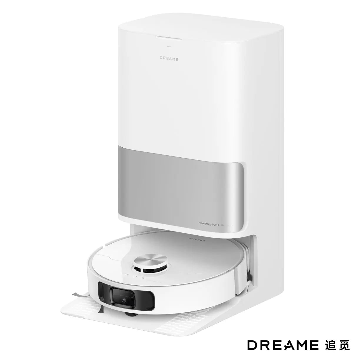 Front angle view of the white Dreame L10s Ultra Gen 2 robot vacuum docked at its tall automated cleaning station on light oak flooring.