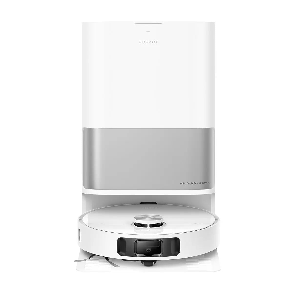 Front angle view of the white Dreame L10s Ultra Gen 2 robot vacuum docked at its tall automated cleaning station on light oak flooring.