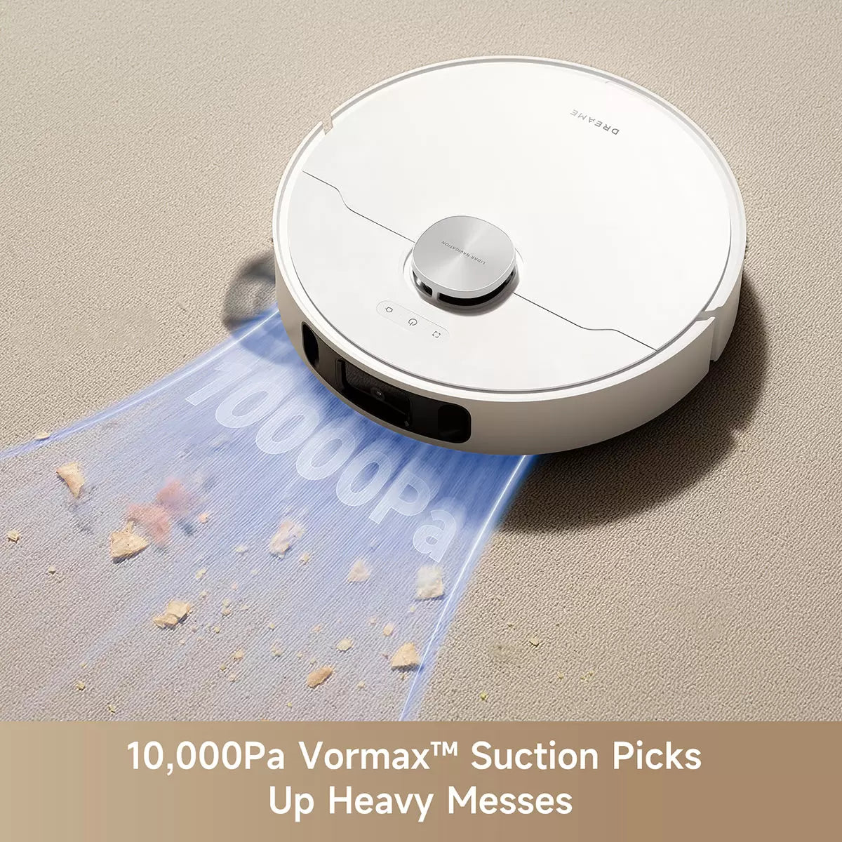 Front angle view of the white Dreame L10s Ultra Gen 2 robot vacuum docked at its tall automated cleaning station on light oak flooring.