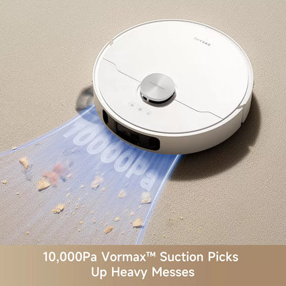 Front angle view of the white Dreame L10s Ultra Gen 2 robot vacuum docked at its tall automated cleaning station on light oak flooring.