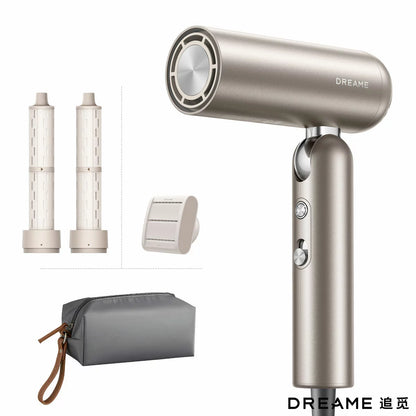 Gold Dreame Pocket Neo folding hair dryer with two curling attachments and a luxury travel bag on a table.