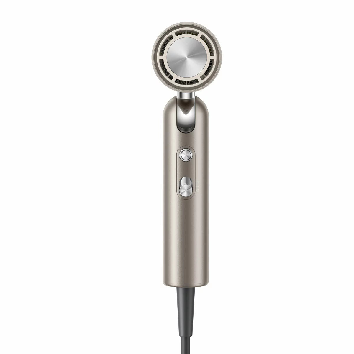 Gold Dreame Pocket Neo folding hair dryer with two curling attachments and a luxury travel bag on a table.