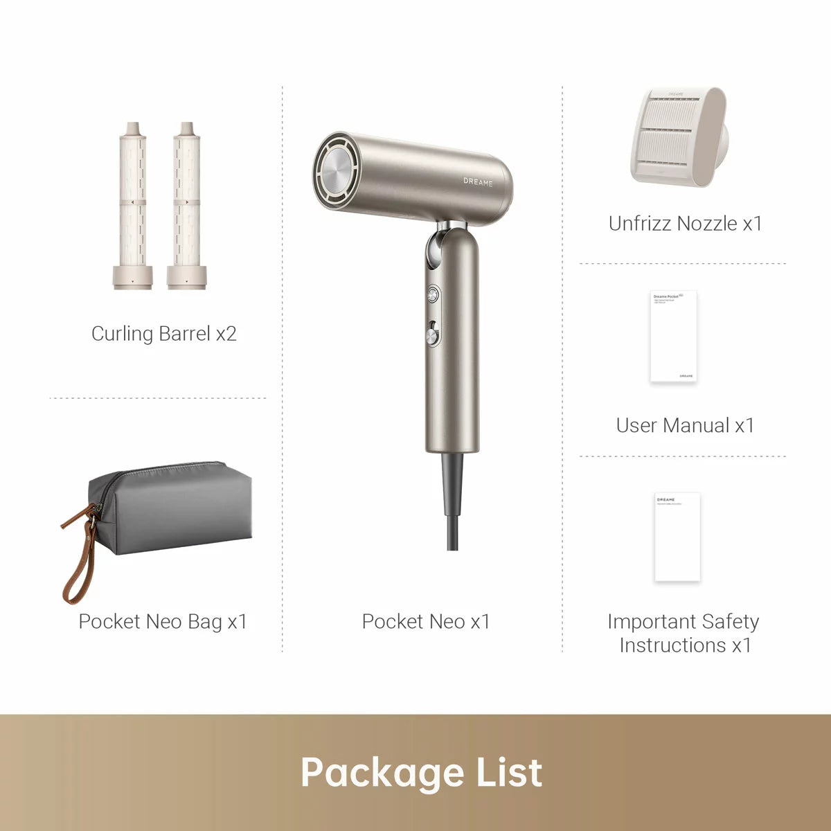 Gold Dreame Pocket Neo folding hair dryer with two curling attachments and a luxury travel bag on a table.