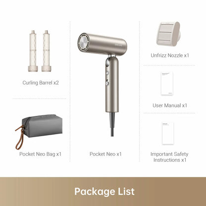 Gold Dreame Pocket Neo folding hair dryer with two curling attachments and a luxury travel bag on a table.