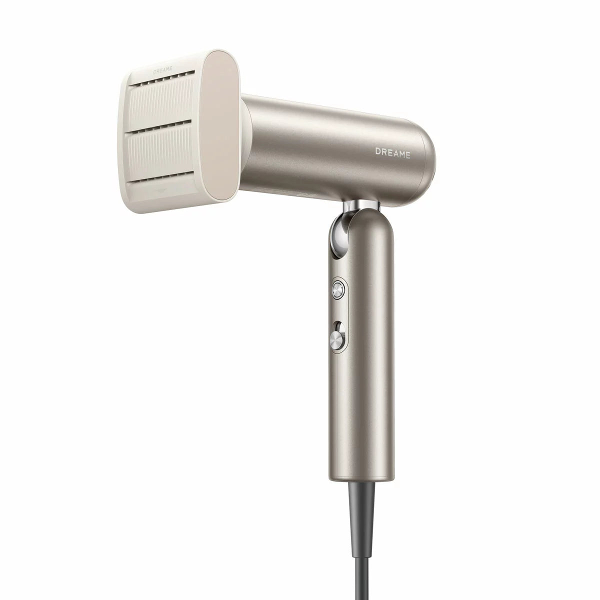 Gold Dreame Pocket Neo folding hair dryer with two curling attachments and a luxury travel bag on a table.