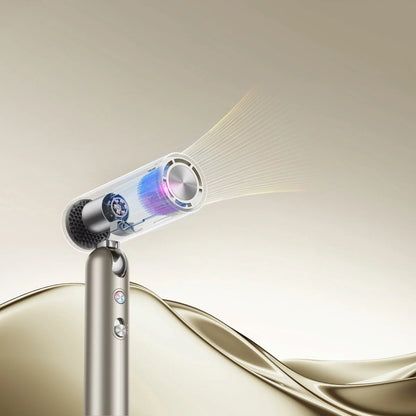 Gold Dreame Pocket Neo folding hair dryer with two curling attachments and a luxury travel bag on a table.