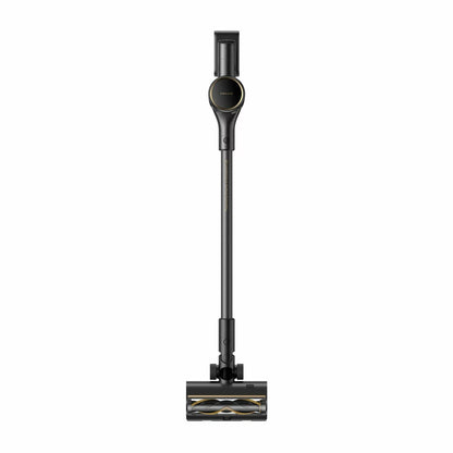 Dreame R20 SE cordless stick vacuum standing on a hardwood floor illuminating fine dust with its CelesTect light head.