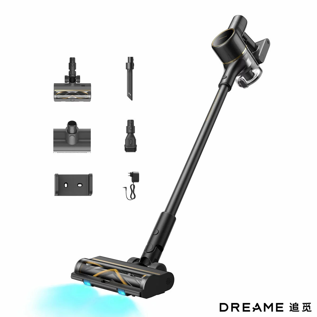 Sleek metallic Dreame R20 SE cordless stick vacuum with illuminated floor brush head standing upright against a modern hardwood floor.