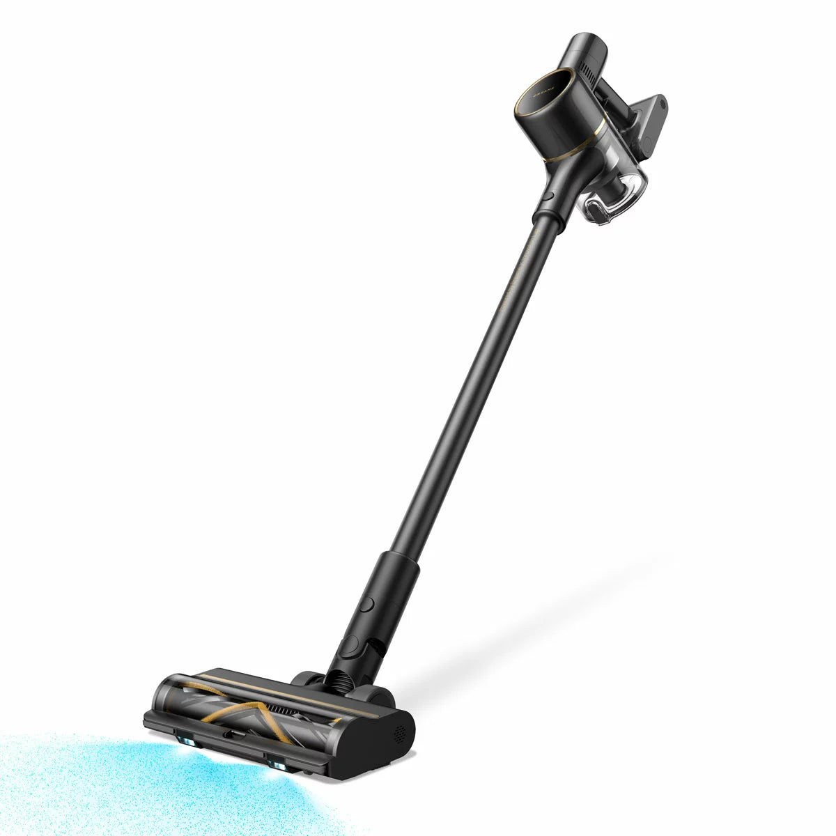 Sleek metallic Dreame R20 SE cordless stick vacuum with illuminated floor brush head standing upright against a modern hardwood floor.